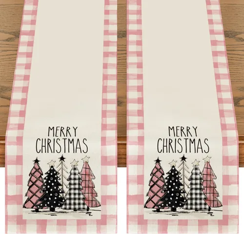 Vista 18 de Artoid Mode Acuarela a Cuadros Buffalo Árboles de Navidad Feliz Navidad Camino de Mesa, Decoración de Mesa de Cocina y Comedor de Temporada