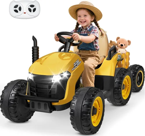 Vista 7 de ANPABO Tractor de paseo de 24 V con remolque inclinable y desmontable, neumáticos EVA, hasta 4.3 Mph, juguetes para montar con control remoto Azul