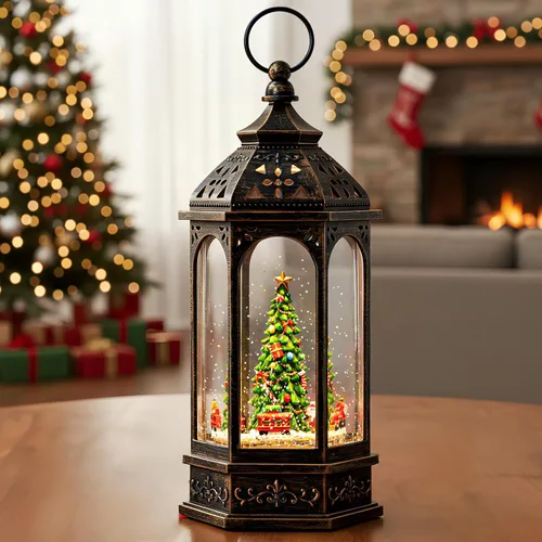 Vista 21 de Gnomos de Navidad de 10 pulgadas, linterna de globo de nieve iluminada, caprichoso árbol de Navidad y elfo escandinavo, linterna de agua musical
