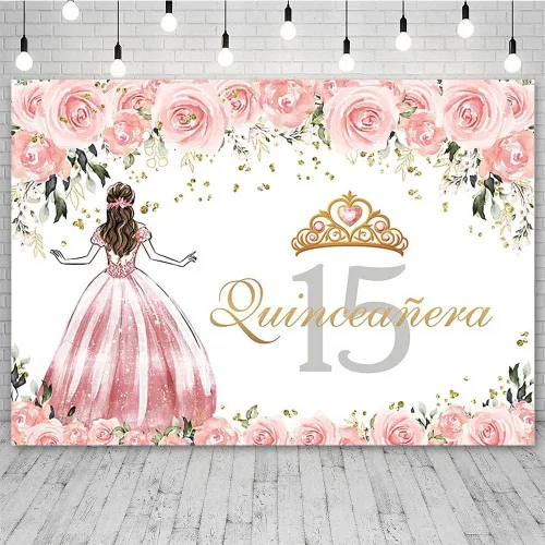 Vista 9 de Sendy Telón de fondo de quinceañera de 15 cumpleaños para niñas, vestido azul, corona de princesa, fondo de fotografía, flores azules y zapatos