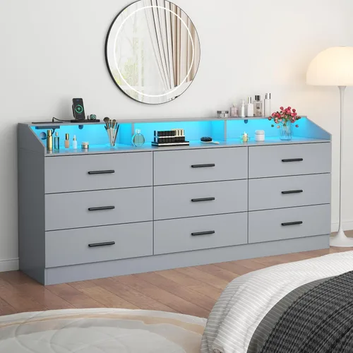 Vista 11 de Gyfimoie Cómoda de 6 cajones con toma de corriente, cómoda con luz LED, cómoda moderna con cubículo de almacenamiento abierto, organizador de Negro