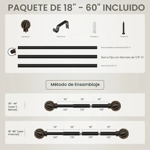 Vista 9 de Barras de cortina negras para ventanas de 28 a 48 pulgadas, longitud ajustable, resistente, diámetro de 7/8 pulgadas, barra de cortina para ventana