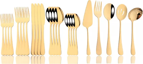 Vista 13 de JASHII Juego de cubiertos de 25 piezas con tenedor y cuchara con utensilios para servir para 4, cubiertos de acero inoxidable de grado alimenticio
