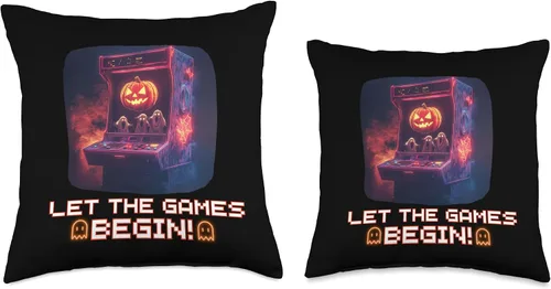 Vista 3 de Halloween Gaming Arcade Retro 80s Let The Games Begin Throw Pillow
