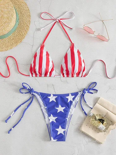 Vista 3 de GORGLITTER Traje de baño con la bandera estadounidense para mujer, parte superior triangular, corte alto, conjunto de bikini