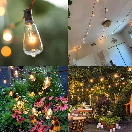 Vista 6 de SUNSGNE Tira de luces Edison para exteriores de 25 pies con 27 bombillas Edison transparentes, ST35 luces vintage para patio, jardín, patio, porche