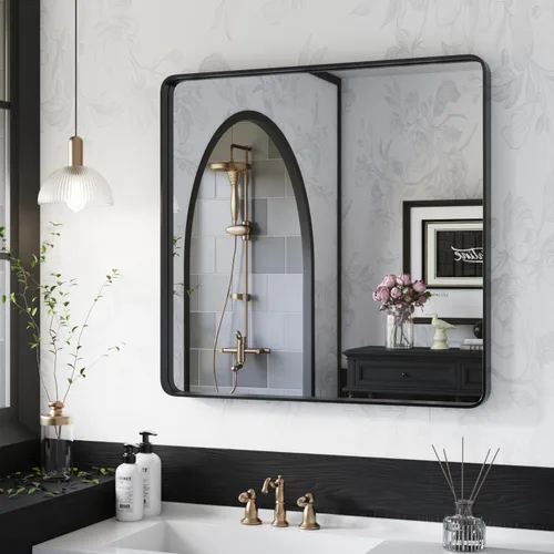 Vista 20 de ISKM Espejo con marco negro para pared de 20 x 16 pulgadas, espejo de tocador de baño antioxidante, vidrio templado, espejo rectangular redondeado