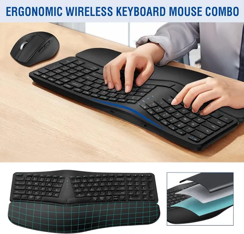 Vista 2 de MK960 Combo de Teclado y Ratón Inalámbrico Ergonómico, Teclado de Diseño Dividido Bluetooth/2.4G con Reposamuñecas y Ratón Inalámbrico Ajustable