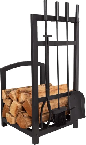 Vista 7 de Lavish Home - Juego de herramientas para chimenea de 5 piezas y estante de troncos, soporte para leña estilo misión con pala, escoba, pinzas y póker