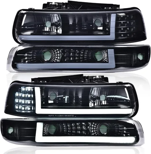 Vista 17 de G-PLUS Conjunto de faros, compatible con Chevy Silverado 1999 2000 2001 2002/Se ajusta a Suburban Tahoe 2000-2006 Faros delanteros de parachoques