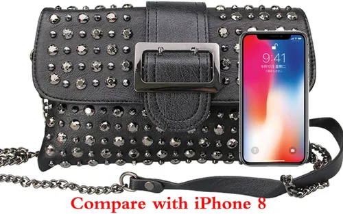 Vista 6 de Bolso de mano con remache punk para mujer, bolso de hombro de piel sintética, bolso de mano con asa superior, color negro, Negro -, Desmontable