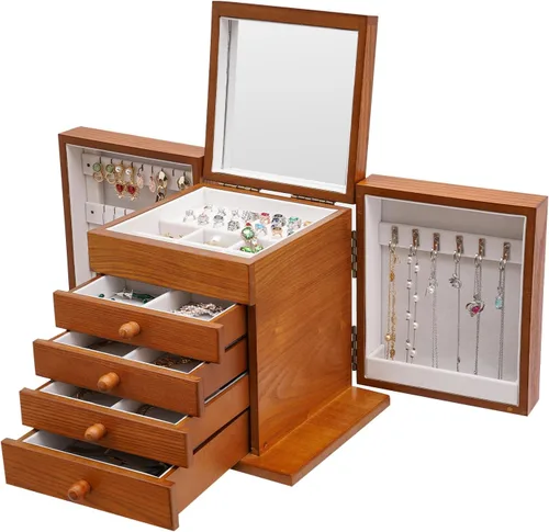 Vista 22 de Wooden Jewelry Box for Women 3-Tier Jewelry Organizer Box Dark Brown