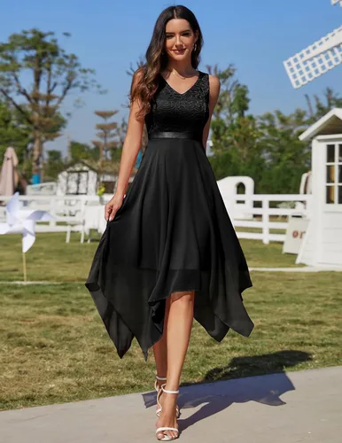 Vista 2 de Meetjen - Vestido de encaje floral para mujer, clásico, acampanado, con dobladillo, formal, para cóctel