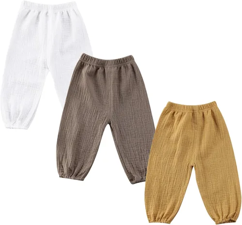 Vista 25 de Paquete de 3 pantalones de algodón y lino para bebés, niños y niñas, color liso, ropa básica para bebés