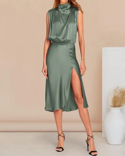 Vista 4 de PRETTYGARDEN Womens 2023 Summer Mock Neck Sleeveless Elastic Waist Slit Midi