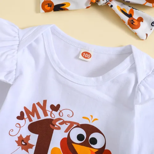 Vista 4 de Ovmxqso My First Thanksgiving Baby Girl Outfits - Mameluco de manga larga con tirantes, falda de pavo y diadema con lazo