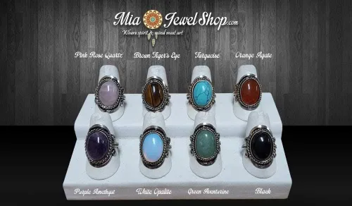 Vista 5 de Mia Jewel Shop Anillo ajustable ovalado semiprecioso de cristal curativo con borde de metal plateado, joyería hecha a mano para mujer, accesorios