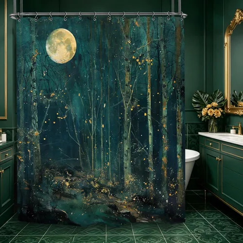 Vista 14 de Cortina de ducha gótica del zodiaco con fases lunares, constelación, astrología, galaxia, misteriosa, tarot, bruja, estética, 60 pulgadas de ancho