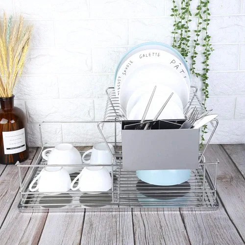 Vista 6 de Escurridor de platos, escurridor de platos de 2 niveles con escurridor, escurridor de platos de acero inoxidable con soporte para cubiertos