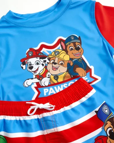 Vista 3 de Nickelodeon Paw Patrol UPF 50+ - Conjunto de protección contra erupciones para niños, Chase, Marshall camiseta de natación y trajes de baño (2T-7)