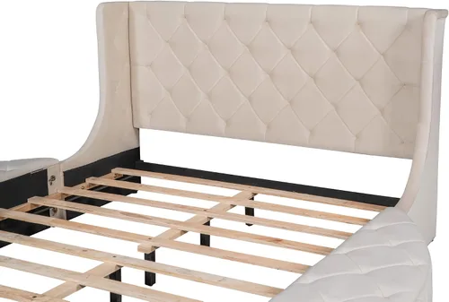 Vista 7 de Cama de plataforma tapizada tamaño Queen, muebles de dormitorio, marco de cama de madera de pino con cajón, taburetes de almacenamiento laterales