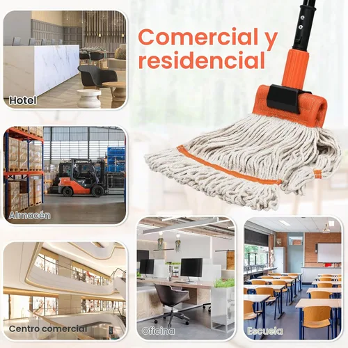Vista 4 de Trapeador comercial, mopa industrial resistente de 58 pulgadas para limpieza de suelos, mopa húmeda de algodón con cuerda para el hogar, garaje
