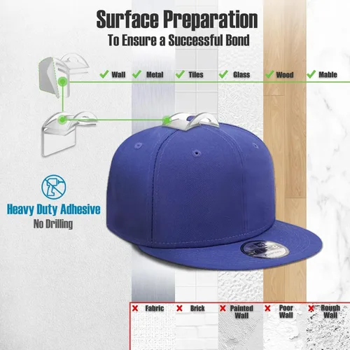 Vista 5 de Percheros para sombreros de pared, fuertes soportes adhesivos para sombreros, organizador para gorras sin perforación, paquete de 20 ganchos