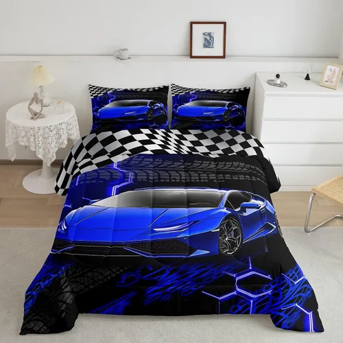 Vista 2 de Feelyou Juego de ropa de cama de coche de carreras para niños y niñas, tamaño individual, juego de edredón deportivo de velocidad para adolescentes