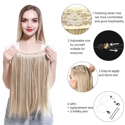 Vista 5 de SARLA Extensiones de cabello con alambre invisible de reflejos cortos rectas postizos sintéticos diadema transparente ajustable para mujeres 14