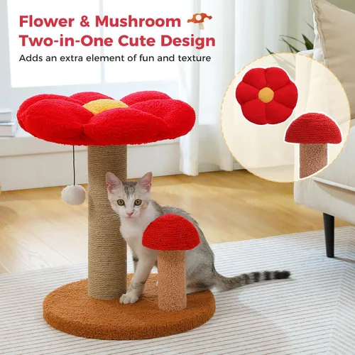 Vista 7 de PETEPELA Poste rascador para gatos, rascador para gatos en forma de hongo, bonita torre de árbol para gatos con poste rascador grueso y cama