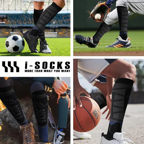 Vista 6 de SANYIYIBA 2 pares de calcetines altos hasta la rodilla, para deportes al aire libre, béisbol, fútbol, hockey sobre hielo, senderismo, para hombres