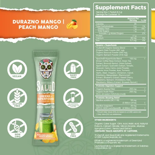 Vista 2 de Salud - Paquete de 2 paquetes de mezcla de bebidas verdes 2 en 1 en polvo + superalimentos, durazno mango y fresa lima, 15 porciones cada una, más