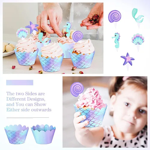 Vista 3 de 61 piezas de suministros de decoración de cumpleaños de sirena para tema oceánico, incluye 20 centros de mesa de fieltro, 40 envoltorios de cupcakes