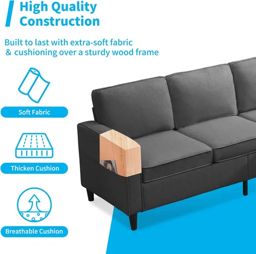 Vista 3 de Mjkone Sofá modular para sala de estar Sofá convertible de 3 plazas con 2 bolsillos laterales Sofá modular moderno con otomana de almacenamiento