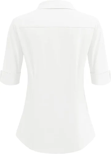Vista 4 de HOTOUCH Camisas básicas con botones para mujer, manga 34, elásticas, con botones, camisa de vestir ajustada para camarera