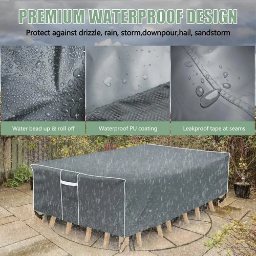 Vista 4 de Funda para mesa de patio, impermeable, rectangular, resistente 500D, protección para todo tipo de clima, para muebles de exterior, 90 pulgadas