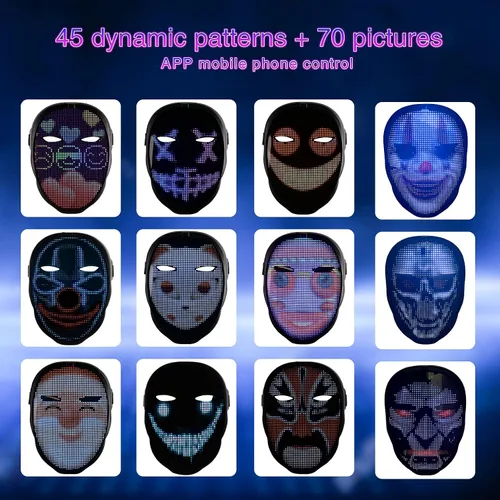 Vista 5 de PULOUX Máscara LED con Bluetooth programable, para Halloween cosplay, regalo, disfraz de fiesta, máscara iluminada para Halloween, máscara más