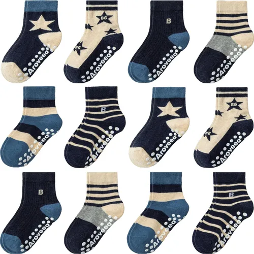 Vista 32 de Calcetines antideslizantes con agarre para tobillos, paquete de 12 unidades para niños pequeños, niños y niñas, lindos calcetines de algodón