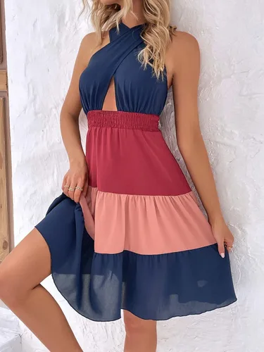 Vista 4 de WDIRARA Vestido de mujer con diseño de bloques de color, cruzado, sin mangas, dobladillo con volantes, cuello halter