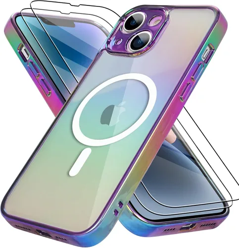 Vista 38 de Bonoma Funda magnética para iPhone 13 【Soporte para Magsafe】Protector de cámara de lujo de cristal fluorescente iridiscente con láser brillante + 2