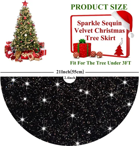 Vista 2 de FUHSY Falda de árbol de Navidad negra de 21 pulgadas, falda de árbol de lentejuelas brillantes, faldas de árbol de Halloween de terciopelo suave