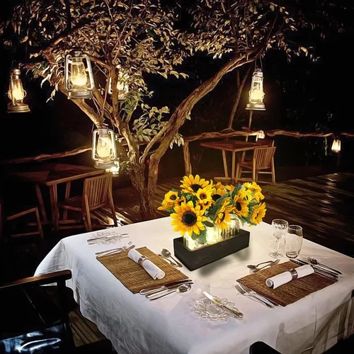 Vista 6 de SietDESEO Centro de mesa de madera con flores artificiales de girasol grande, decoración rústica de mesa para comedor, cocina, boda, decoración