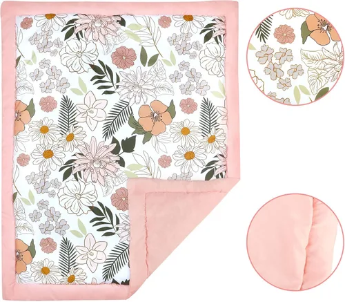 Vista 3 de Juego de ropa de cama de cuna de 4 piezas para niñas, juego de ropa de cama rosa para bebé niña con falda de cuna súper suave, edredón reversible