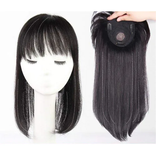 Vista 3 de Clip en cabello humano real con flequillo, hecho a mano, corona para cabello fino, 6 pulgadas, marrón oscuro