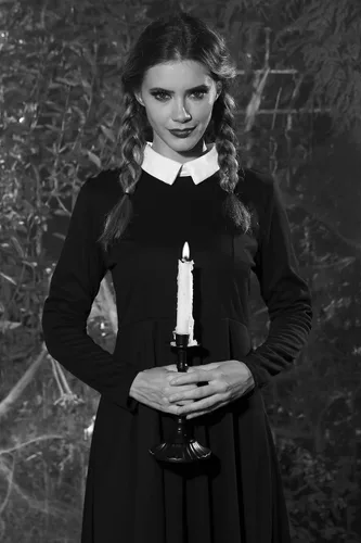 Vista 2 de For G and PL - Vestido de Halloween acampanado y con cuello de Peter Pan para mujer, Merlina Addams