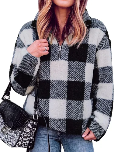 Vista 10 de BTFBM - Suéter sin botones de sherpa con capucha para mujer, con 1/4 de cremallera y manga larga, suave y mullida, de vellón Azul