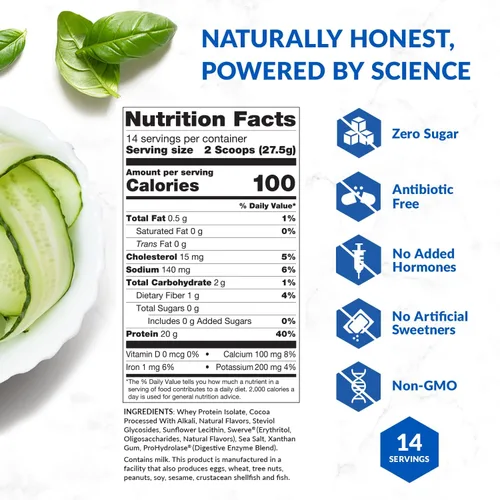 Vista 8 de BioTrust Low Carb Lite Proteína en Polvo - Aislado de Suero, Helado de Chocolate 20g grass-fed whey isolate protein, 100 calories & ProHydrolase