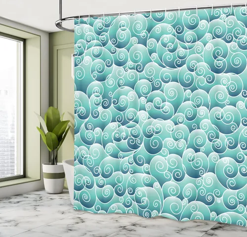 Vista 4 de Ambesonne Decor Collection, juego de cortina con ganchos para regadera turquesa verde azulado