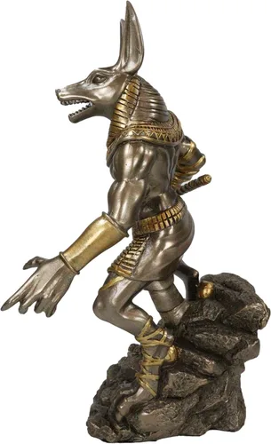 Vista 4 de Ebros Gift Ancient Egyptian Chacal God Anubis con Ankh Staff Spear Standing on Rocky Skulls Heap Figurine in Faux Bronze Gods of Egypt Deity of the