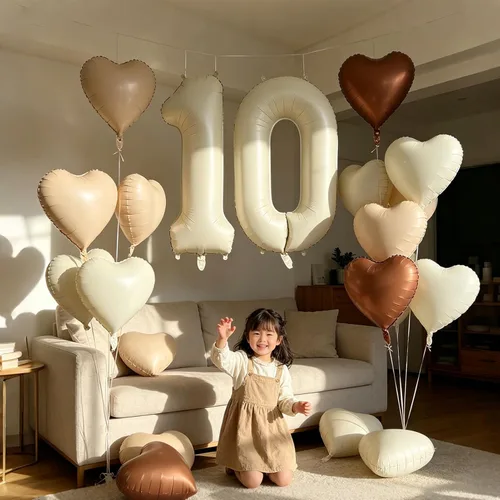Vista 3 de Globos de 40 pulgadas color crema número 10, 17 piezas de globos de helio grandes con globos de corazón neutros crema nude caramelo beige marrón